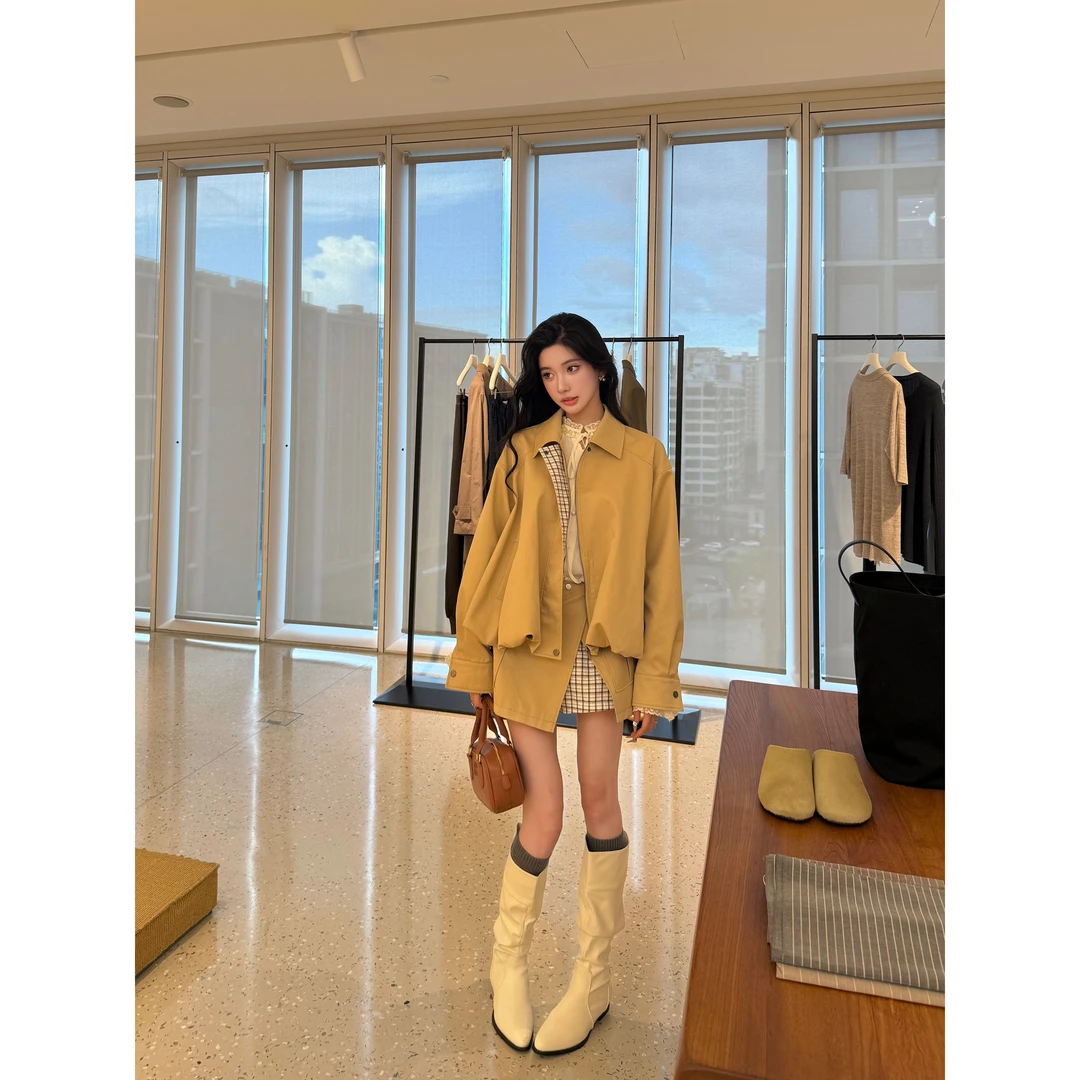 Barb Chill早秋卡其色套装女工装立领夹克短外套+假两件A字半身裙