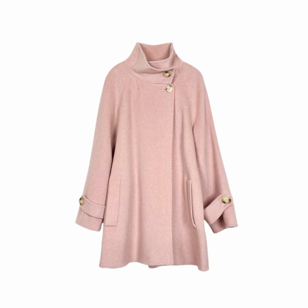 粉色际遇秋冬立领气质廓形配腰带双面呢大衣