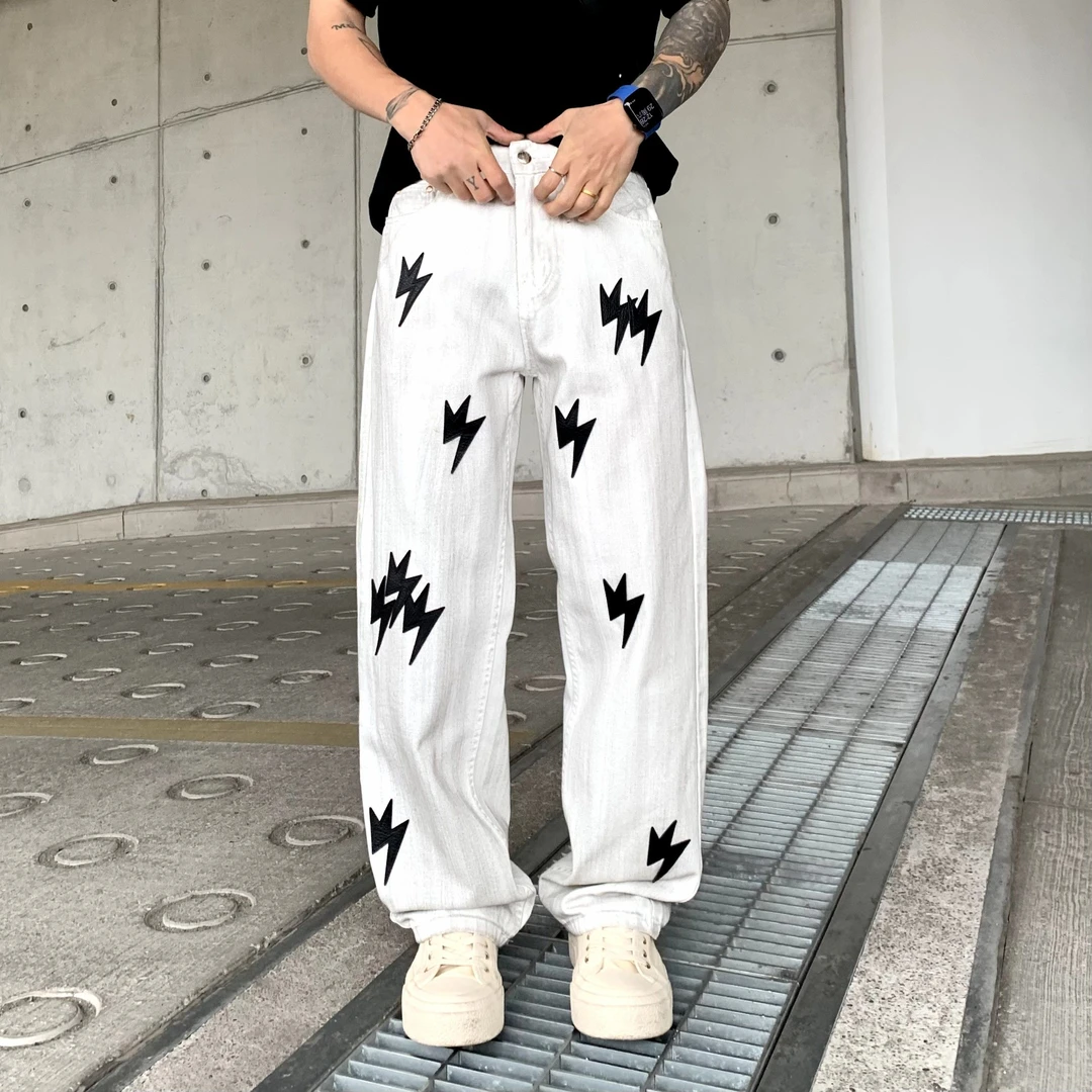 【大码男装260斤】  美式高街 闪电设计感牛仔裤 潮流穿搭 宽松直筒
