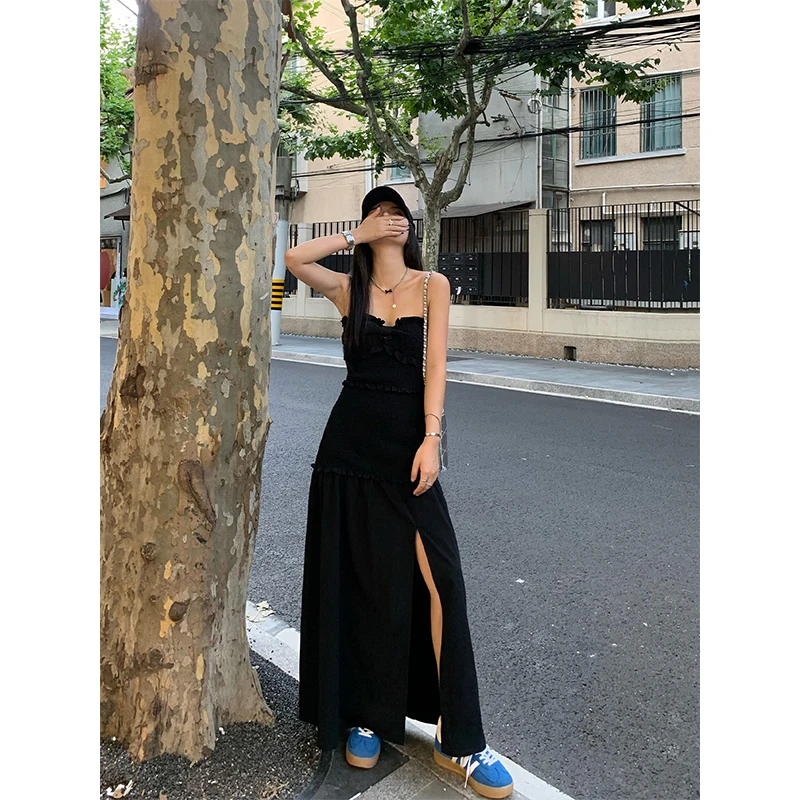 黑色一字肩连衣裙女2025夏季性感开叉收腰显瘦百搭长裙气质抹胸裙