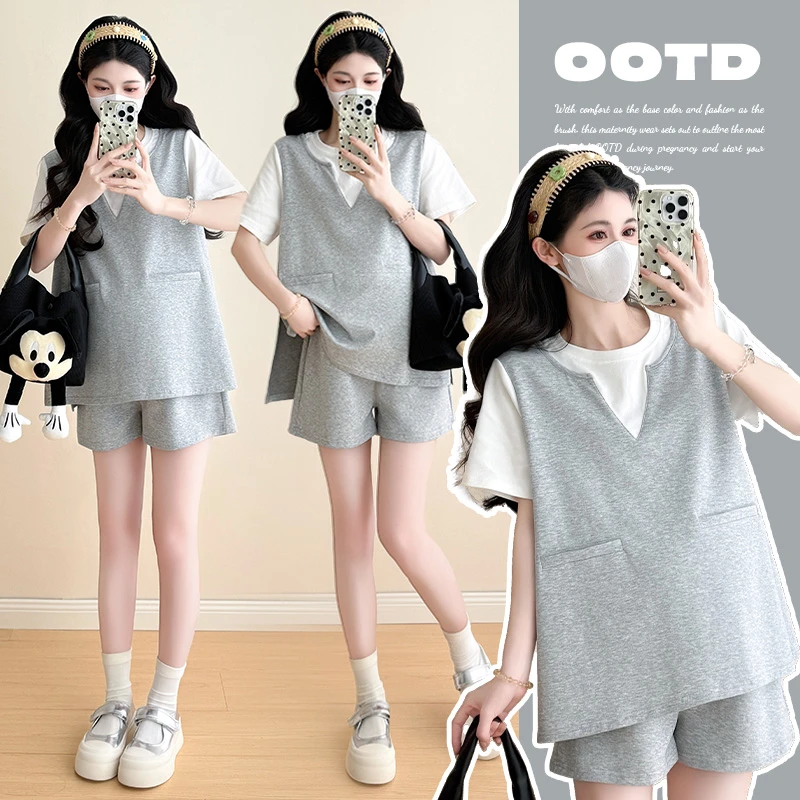 夏季孕妇装2025新款时尚撞色拼接孕妇T恤上衣搭配托腹短裤套装