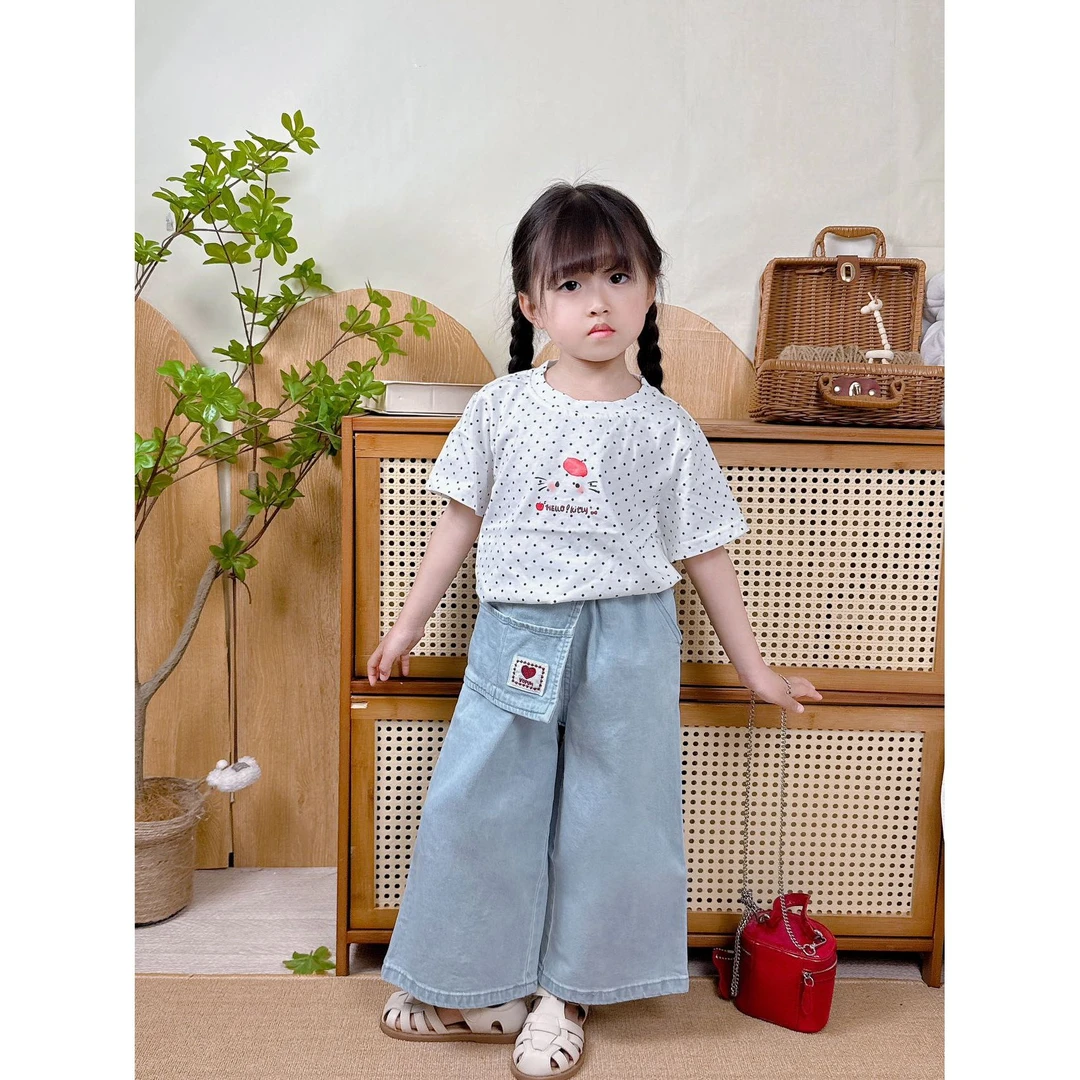 现货童装韩版童装女童套装夏季新款洋气小女孩时髦波点短袖牛仔裤