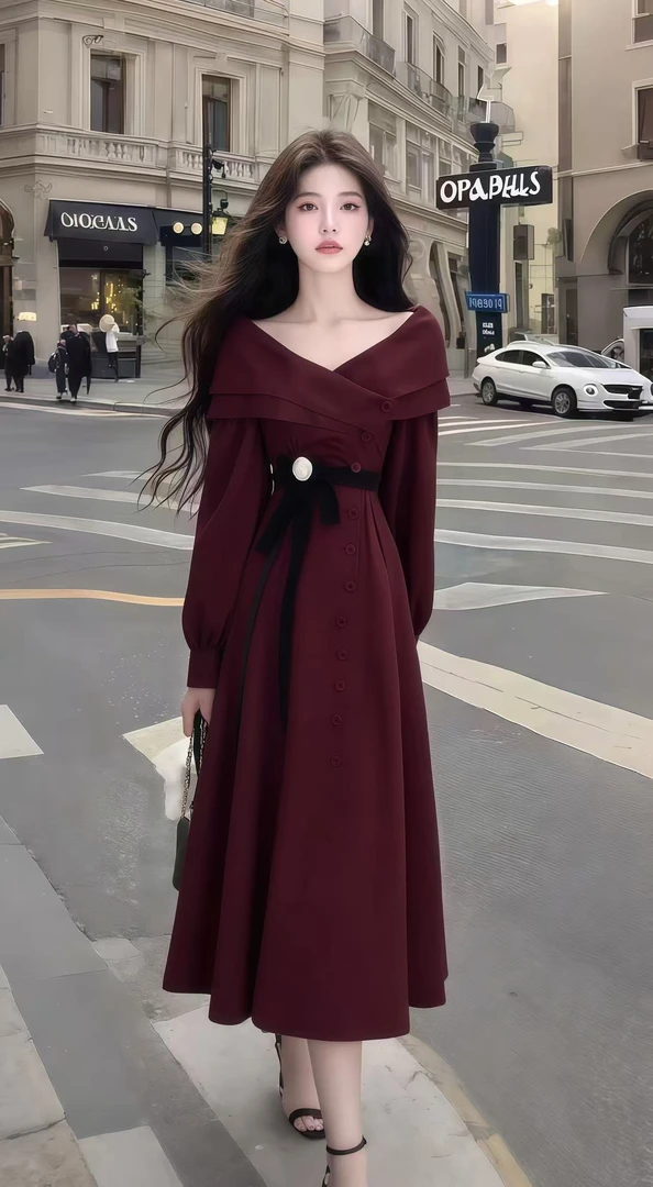 新款夏季时尚酒红色修身系带V领长袖连衣裙轻奢显瘦气质小众长裙