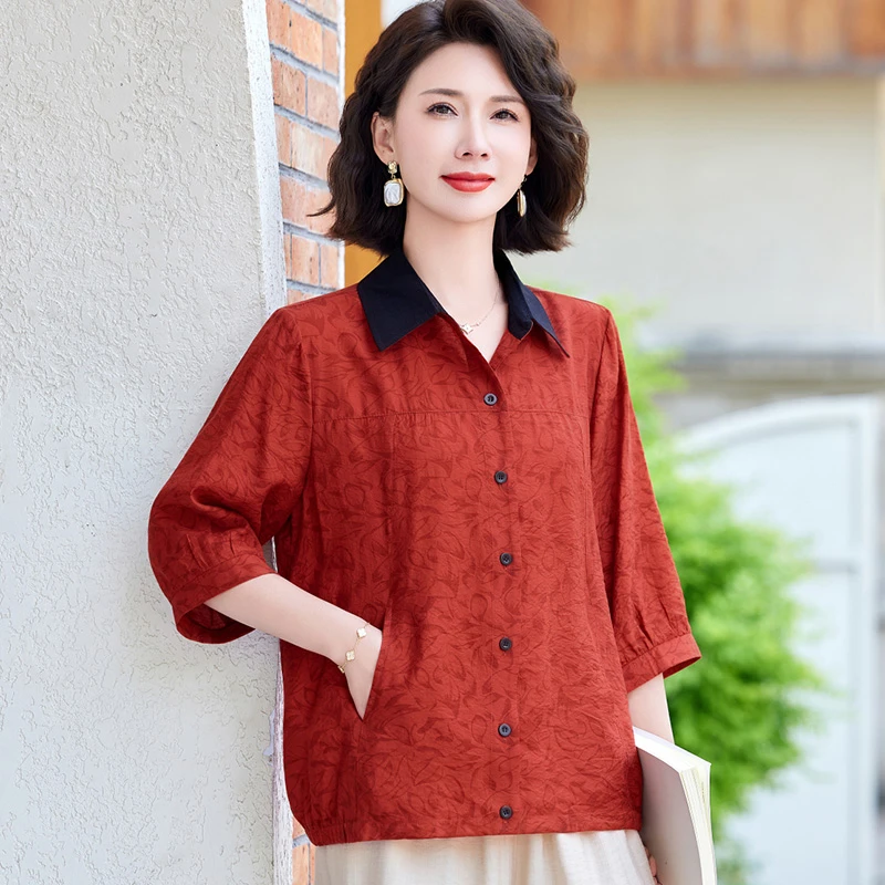 中老年女装开衫七分袖绵绸衬衫60岁妈妈装夏装中袖T恤上衣宽松