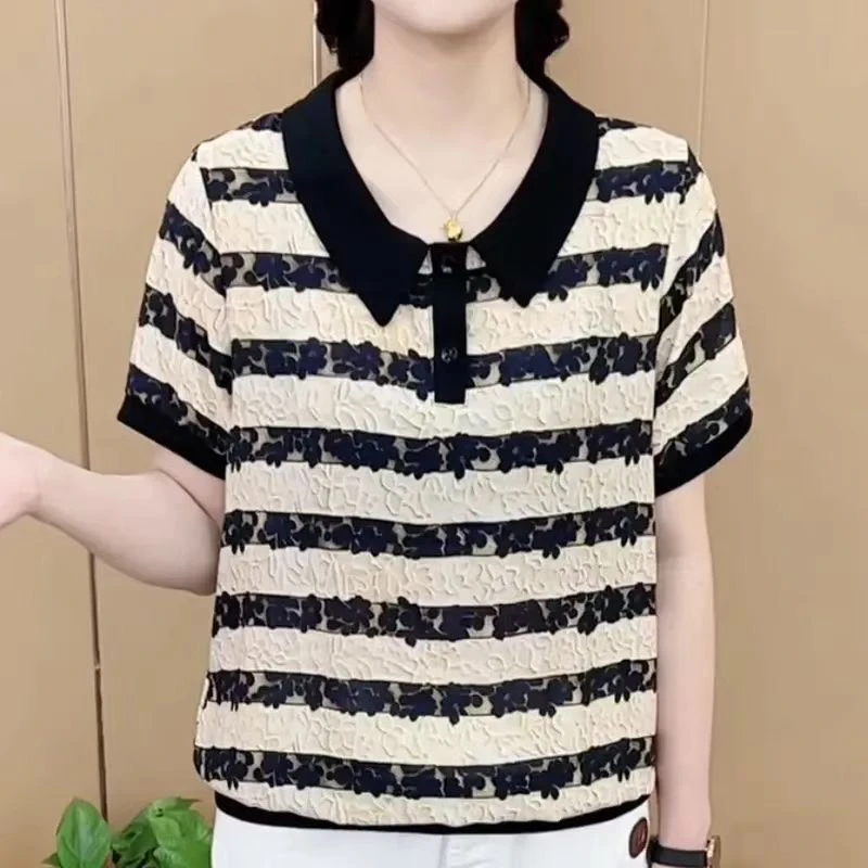 D夏季新品妈妈装新款时尚休闲宽松条纹T恤百搭娃娃领短袖上衣女