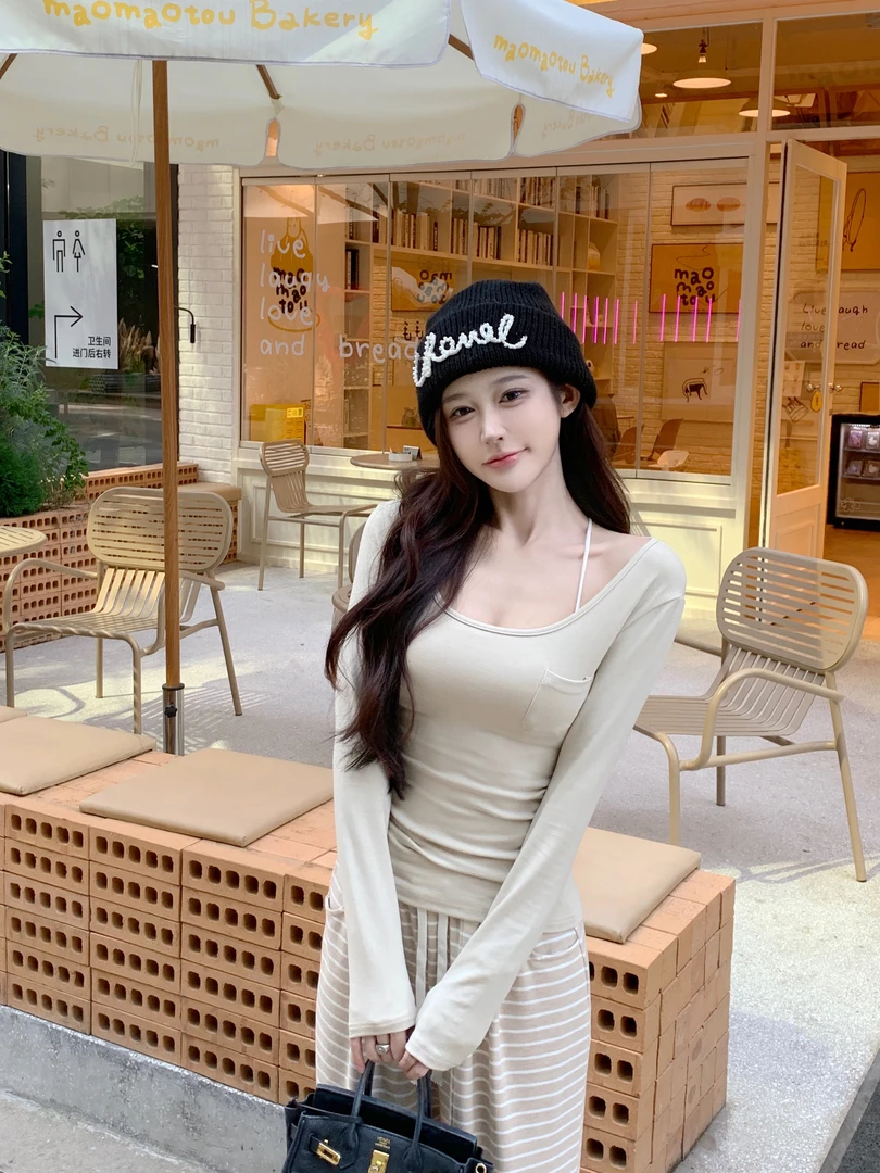 美式复古设计感长袖T恤女秋冬新款收腰修身内搭打底衫纯欲风上衣