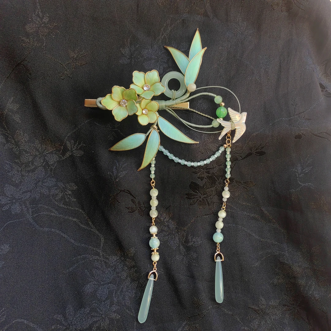 【燕归来】非遗绒花纯手工制作掐丝头发半披设计边夹款