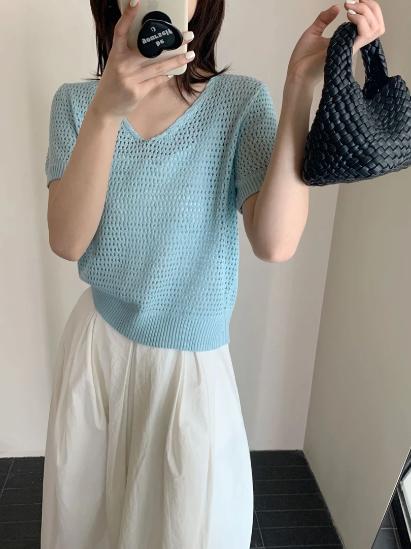 【素简.820168】春款上新天爽亚麻挑洞短袖女装混纺针织衫（5.6福利）