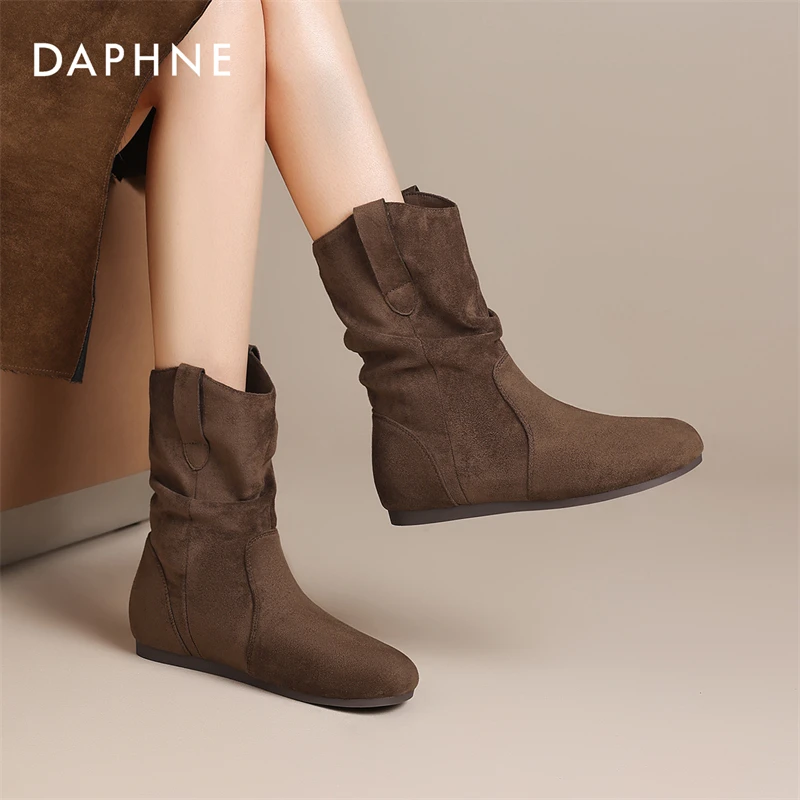 达芙妮复古瘦瘦靴女2025冬季新款褶皱堆堆靴加绒美拉德西部骑士靴