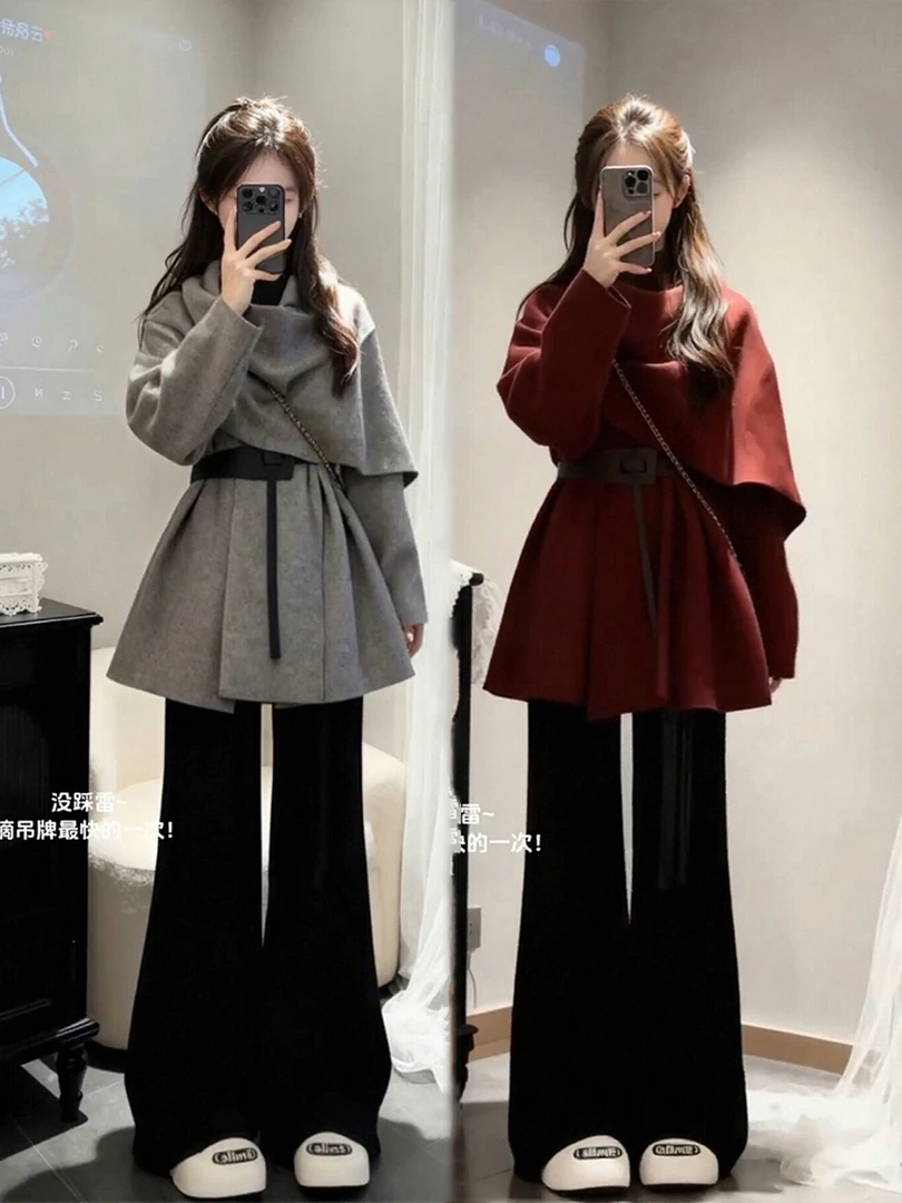 冬装气质一整套ootd穿搭斗篷毛衣外套牛仔裤绝美大方得体两件套女