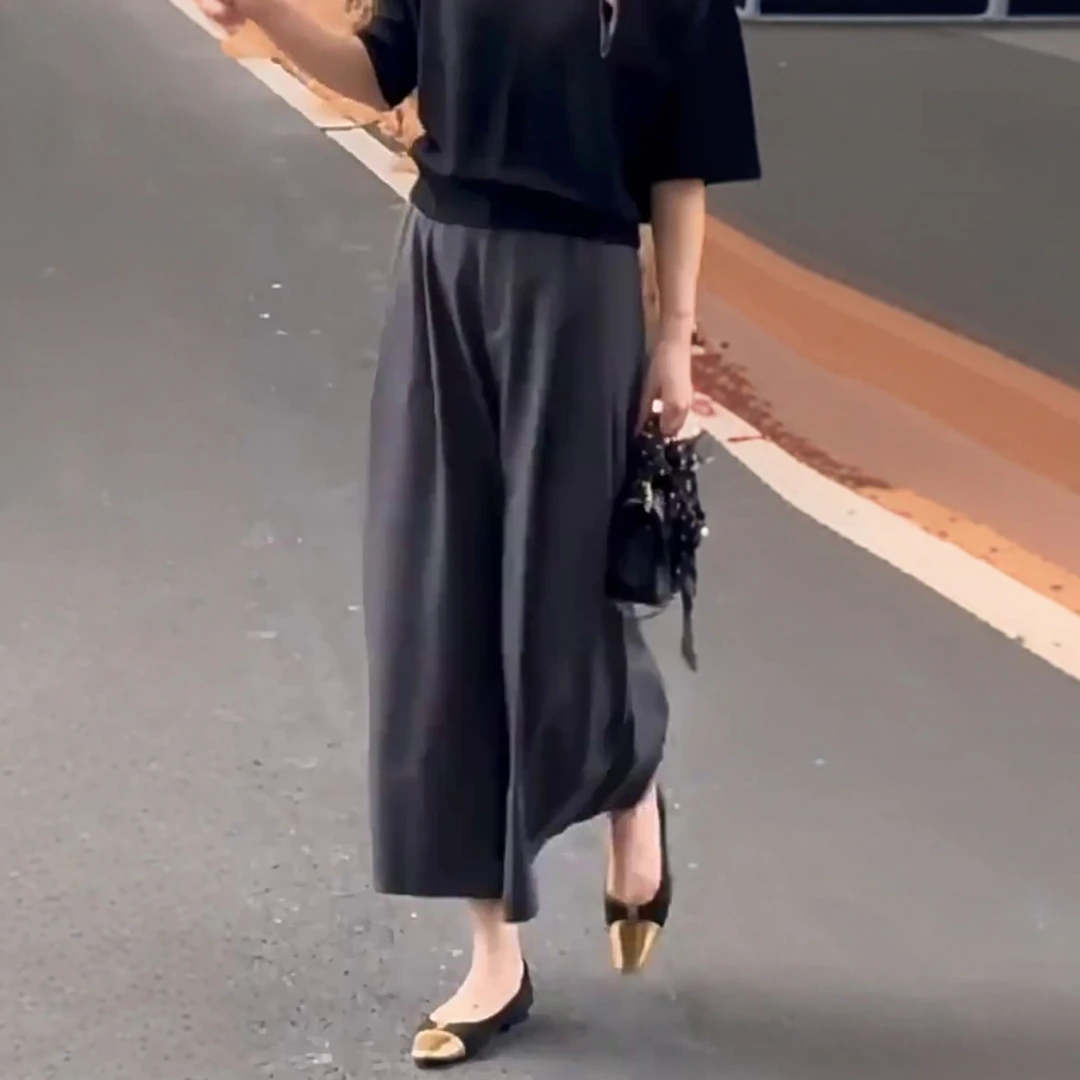 老钱风裤子灰色阔腿裤女秋冬2025新款九分裤高腰显瘦小个子休闲裤