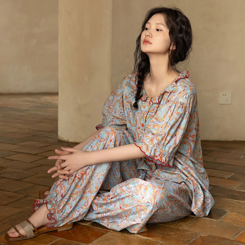 高档睡衣女夏季纯棉2025新款短袖短裤碎花复古家居服套装宽松休闲