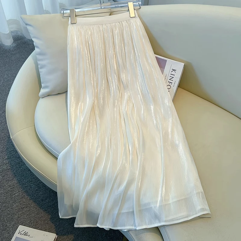 拉夏贝尔白色纱裙半身裙秋季2025新款高腰a字半裙百褶流光纱长裙