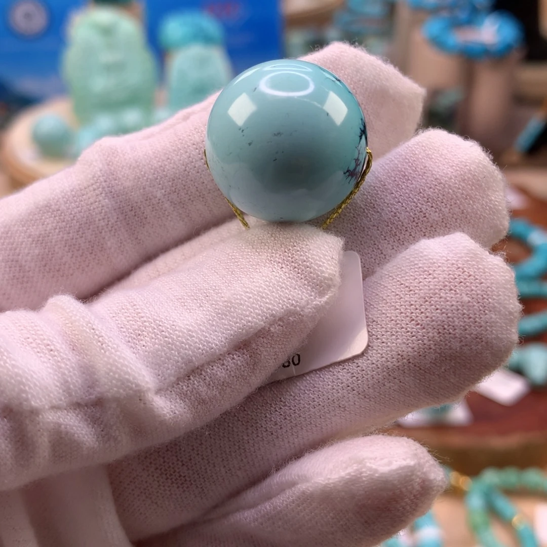 绿松石未镶嵌珠宝奇石高瓷水草纹圆珠20mm