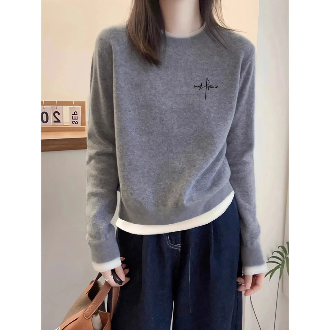 灰色双面德绒打底衫女秋冬季宽松内搭保暖磨毛假两件长袖T恤上衣