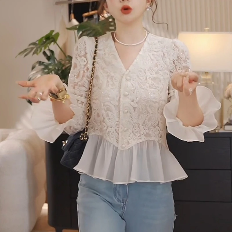 灿星锦衣~亮片蕾丝衬衫女设计感修身显瘦上衣LK2502609