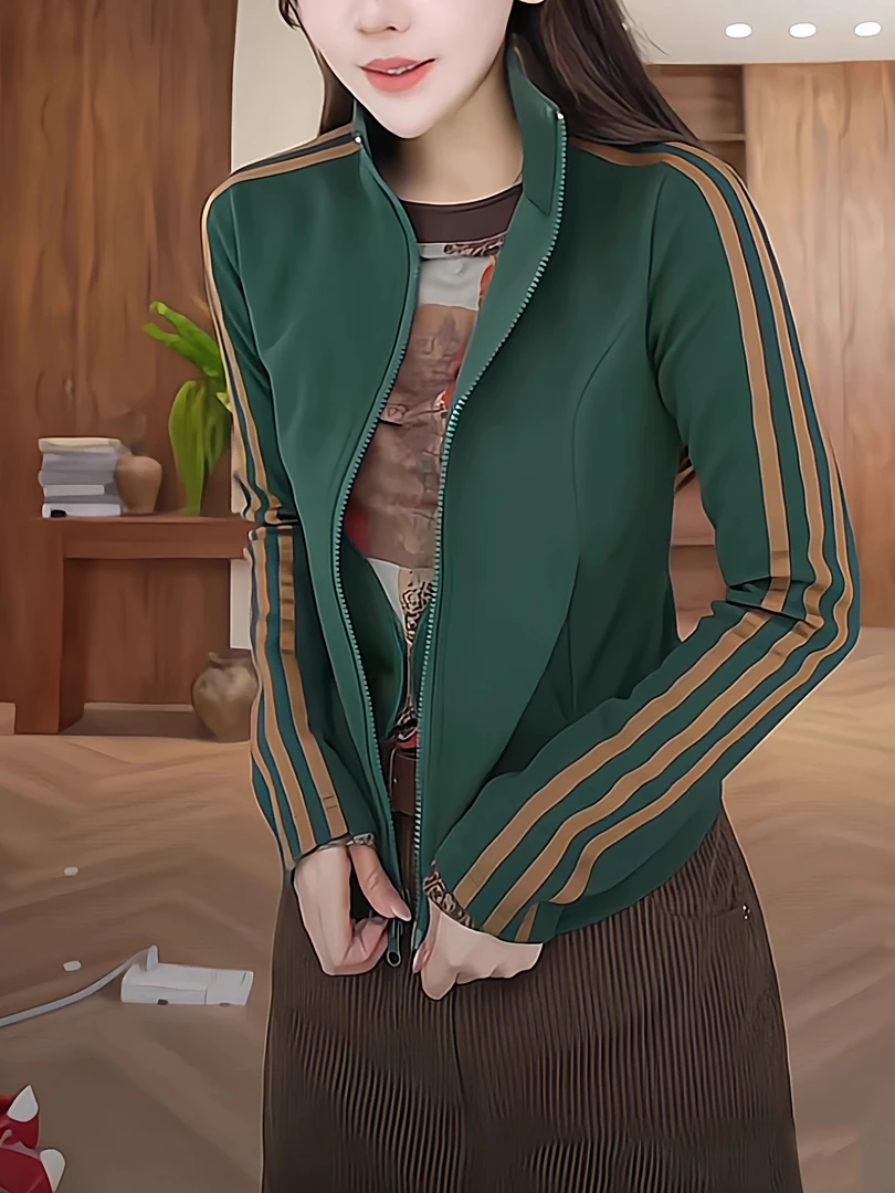 韩版立领显瘦卫衣外套女秋季新款双拉链撞色条纹简约休闲短款上衣