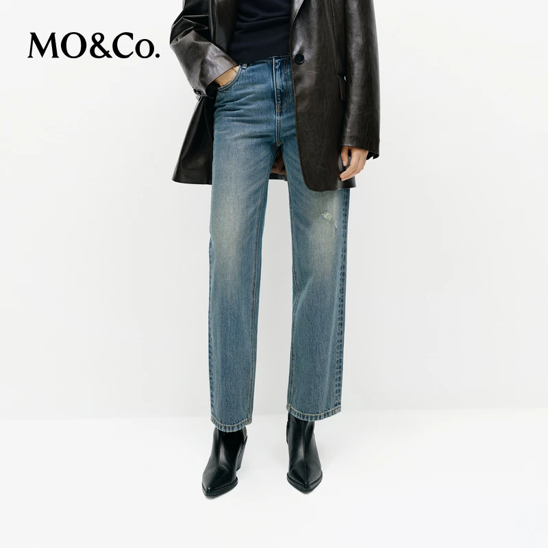 MOCO牛仔裤2025春新品高腰棉质九分锥形手工微磨烂破洞MBE1JEN009