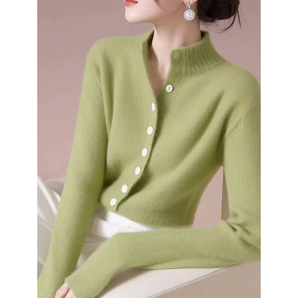 半高领绿色软糯针织开衫女秋冬新款别致内搭慵懒长袖打底上衣