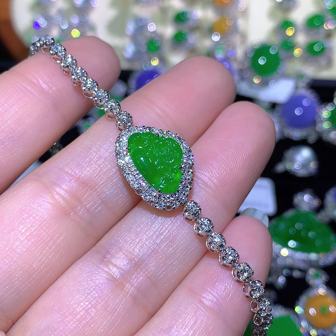 翡翠18K金镶嵌手链高冰满绿正阳绿佛公手链