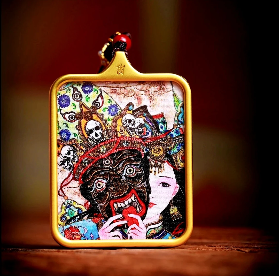 前世今生唐卡摆件钛钢合金吊锥手工编织五彩摆件彩色九华山描金