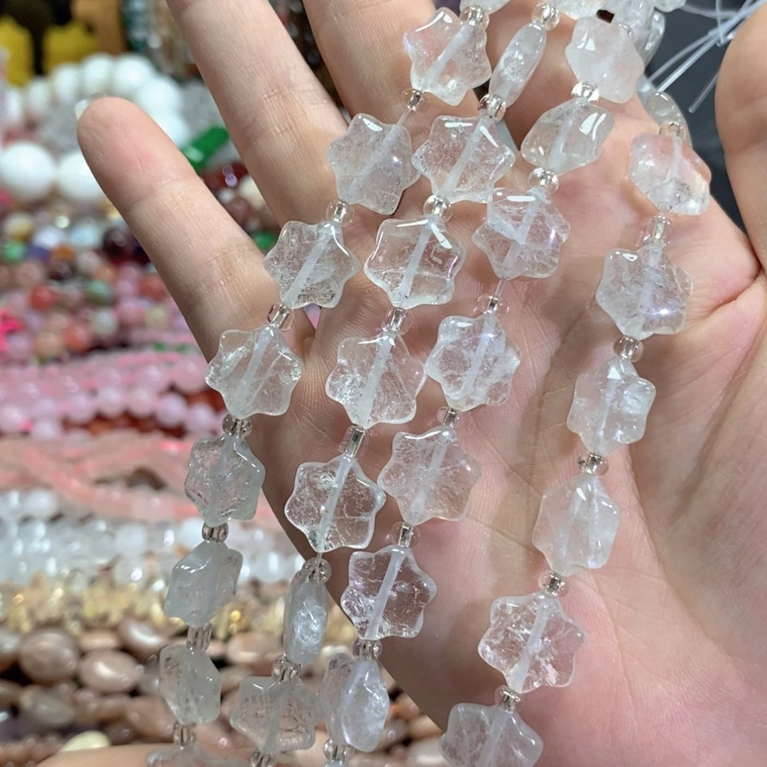 玛瑙/玉髓未镶嵌珠宝半成品天然白水晶六角星一条卡13mm有14颗