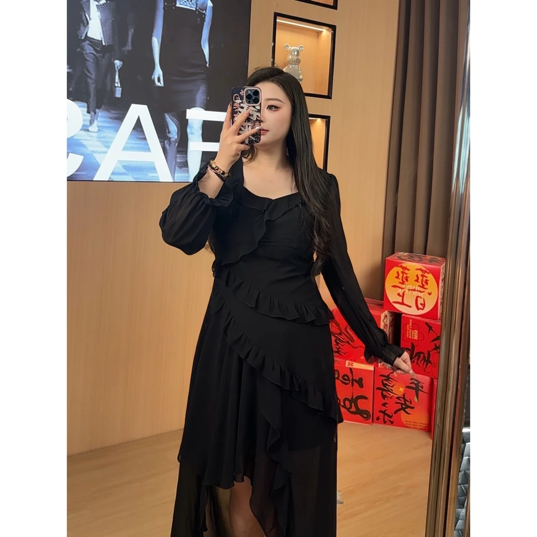 胖mm微胖定制~【MQ011】春季时尚长袖气质显瘦莫奈花园风连衣裙