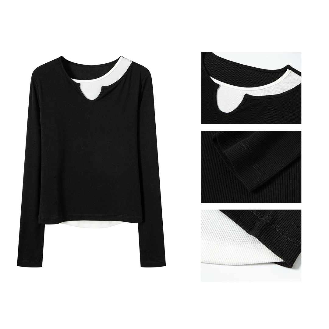 早秋新款-假两件合身型套头显瘦 圆领极简百搭长袖针织衫