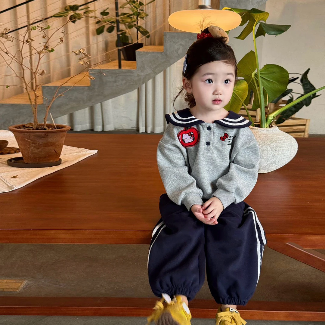 壹妈韩版童装女童学院风套装秋装洋气儿童卡通灰色kt猫卫衣休闲裤