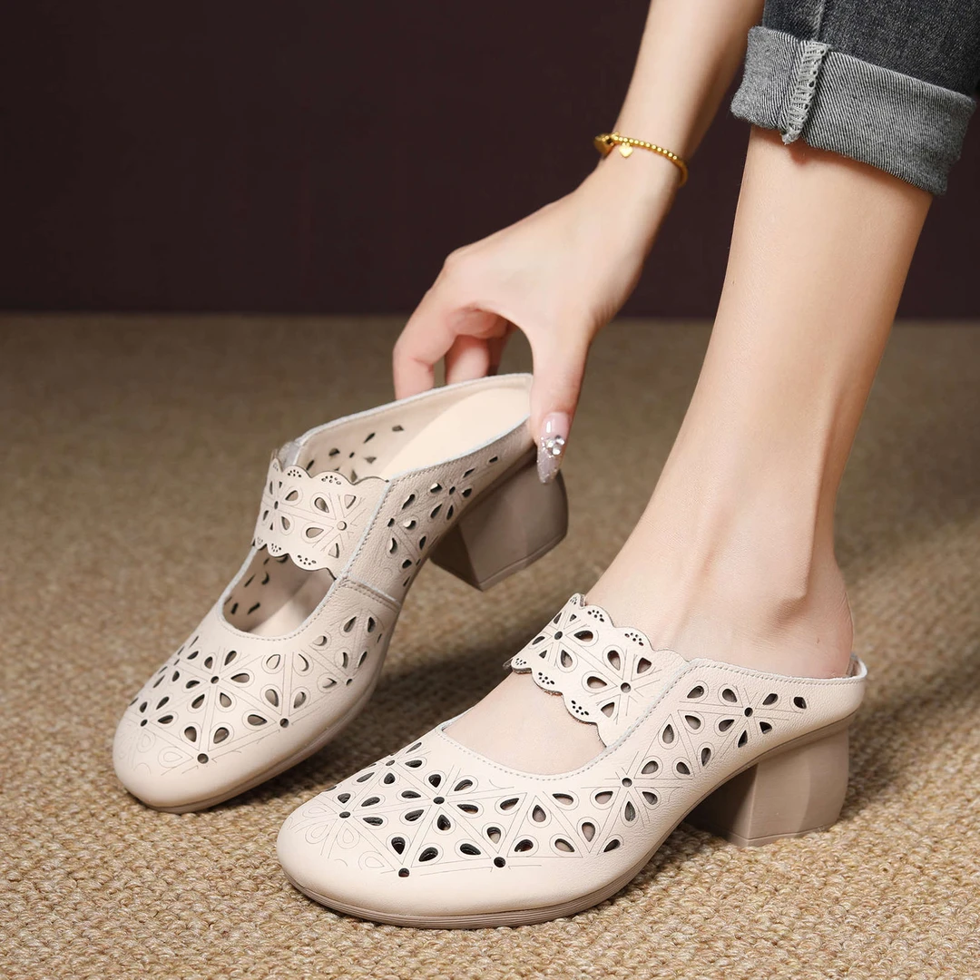 2025新款夏季头层牛皮女方跟凉拖鞋外穿时尚百搭复古包头拖鞋