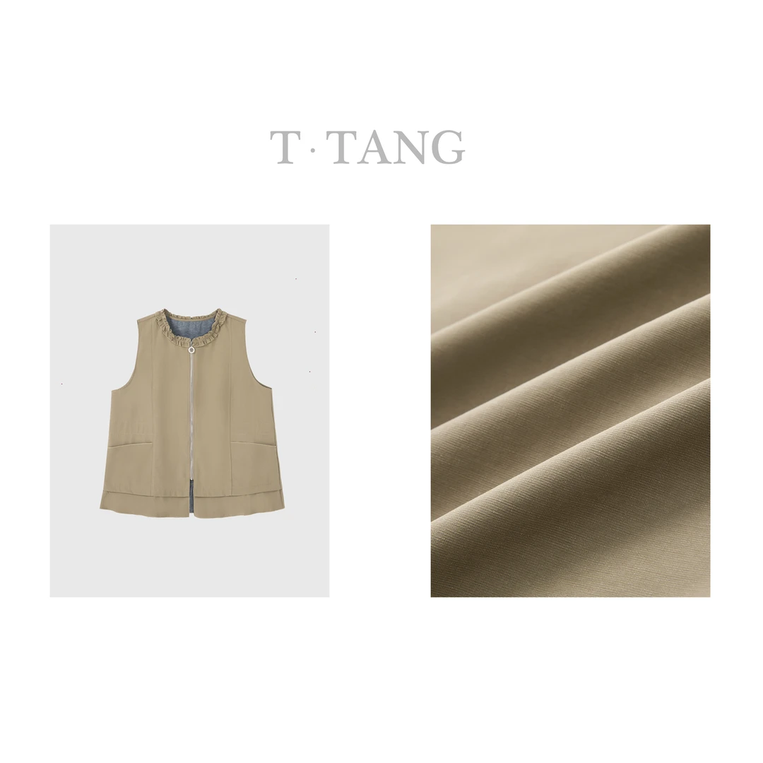 FL早秋加厚竹节纹面料时尚休闲百搭纯色无袖荷叶领拉链开衫【6288】