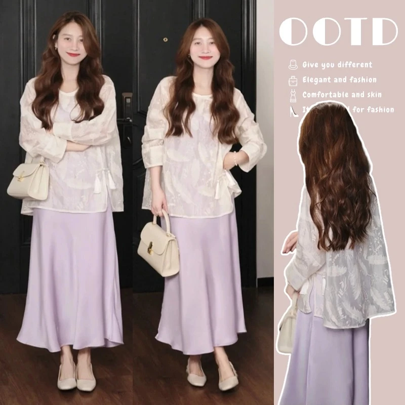 孕妇装新中式上衣国风高级感刺绣长袖防晒衬衫紫色吊带连衣裙新款