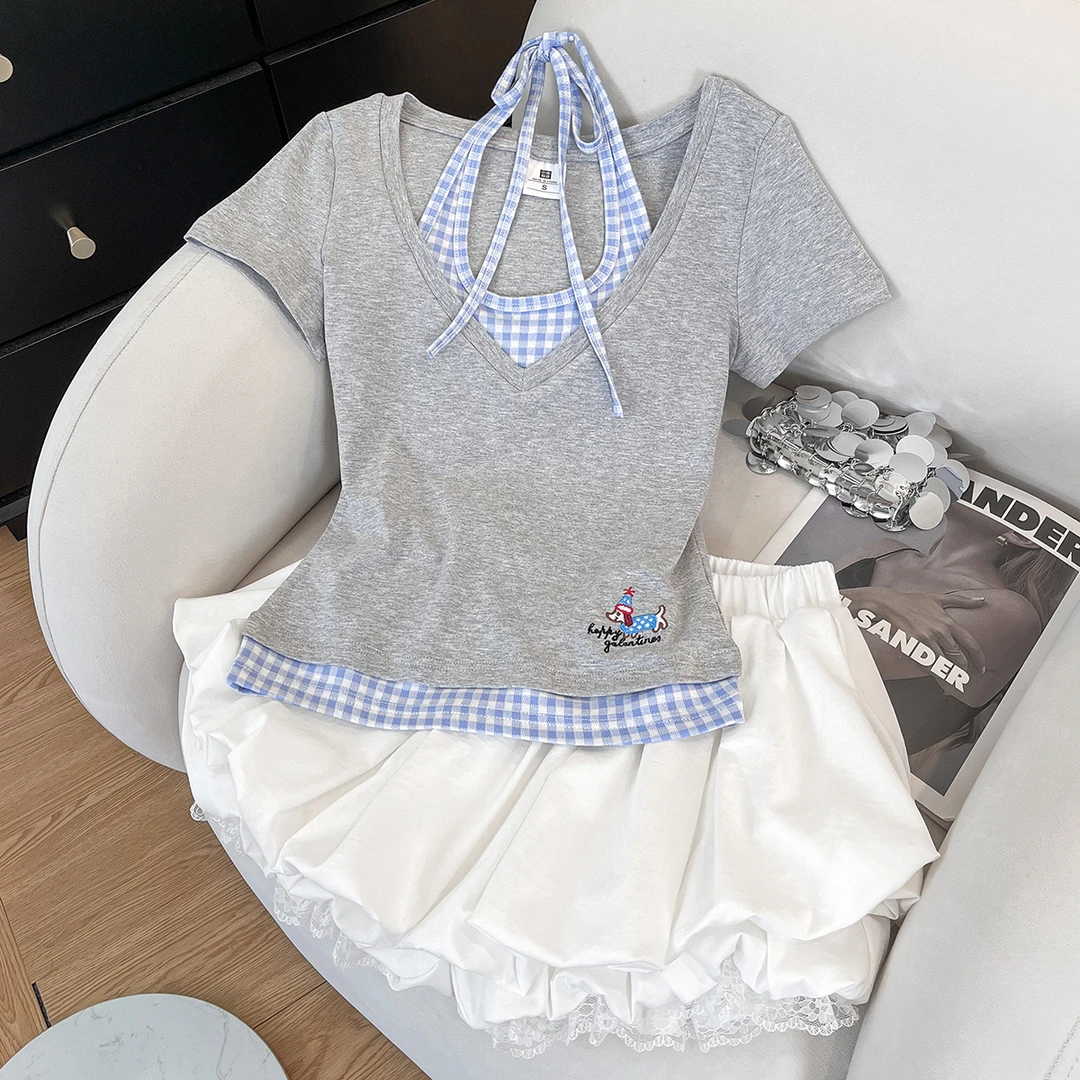 灰拼蓝格假两件系带挂脖T恤女夏季新款美式小个子V领修身短袖上衣