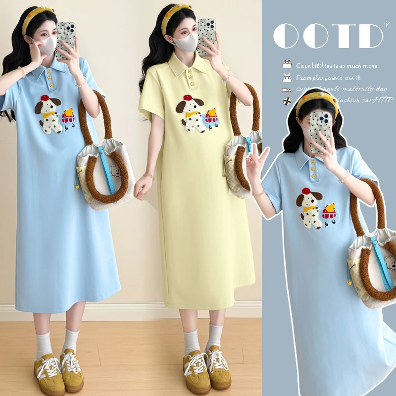 孕妇装短袖T恤裙2025夏季新款韩版时尚减龄Polo领刺绣卡通连衣裙