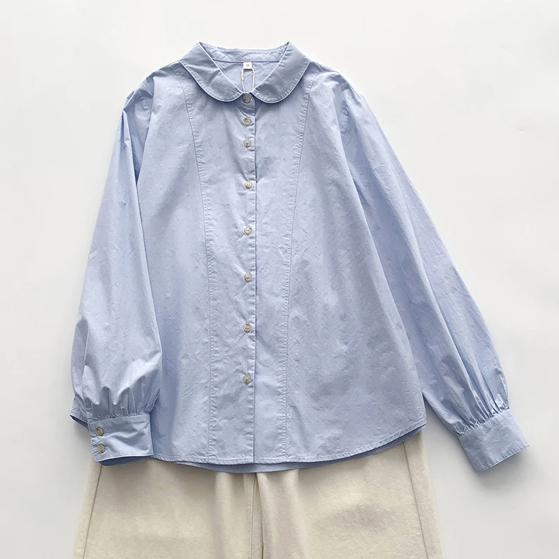 时尚纯色休闲上衣百搭宽松娃娃领慵懒风设计感潮流衬衣