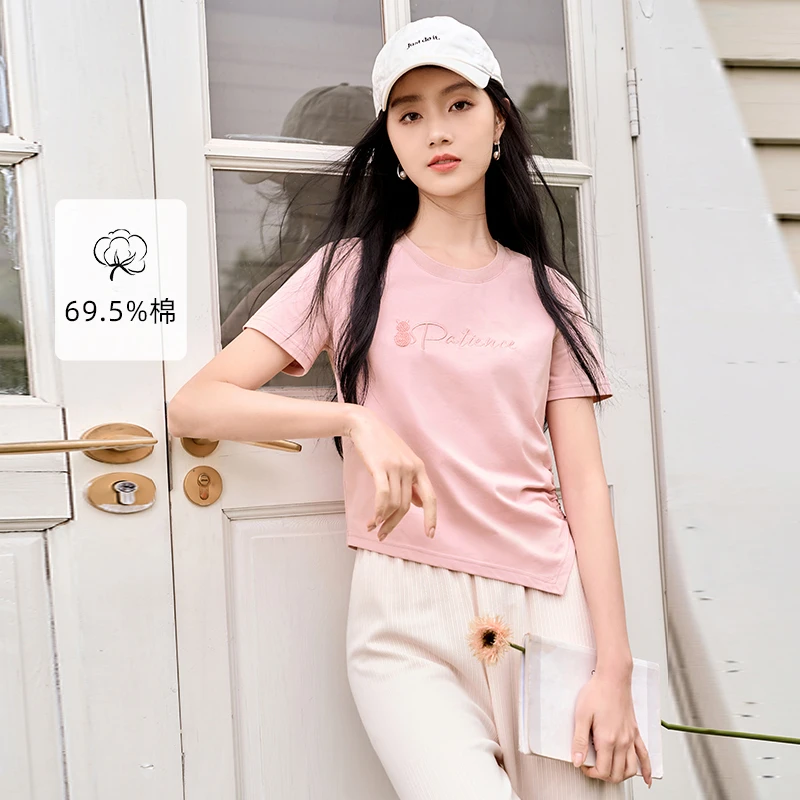 【直播专享】X842445 T恤 香影正肩女短袖夏季新款不规则开叉抽绳
