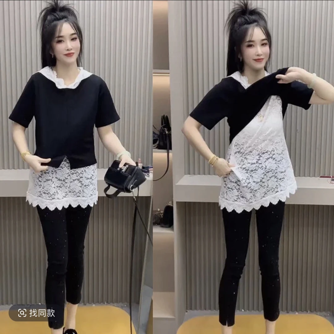设计感假两件蕾丝拼接棉连帽短袖T恤女2025夏季款独特洋气上衣