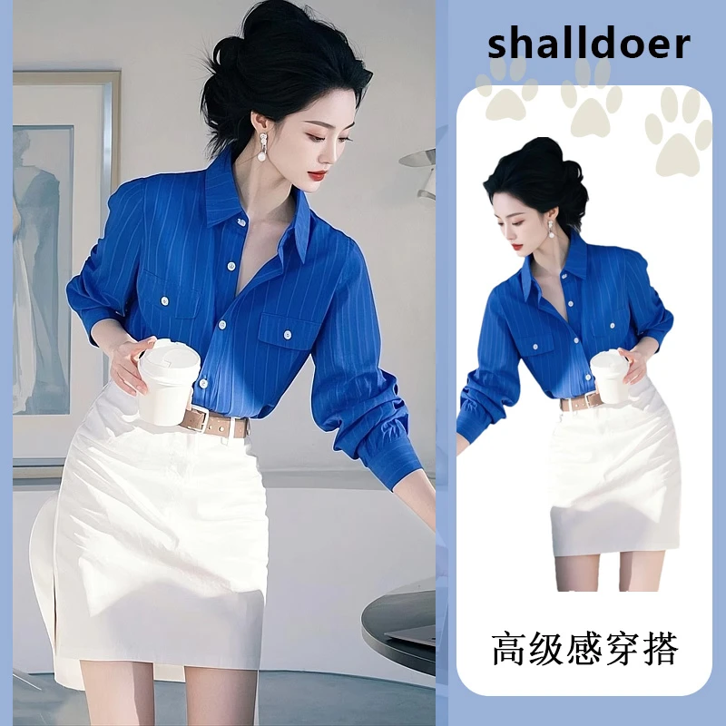 复古港风克莱因蓝长袖衬衫女2025春秋新款显瘦显高气质小众上衣女