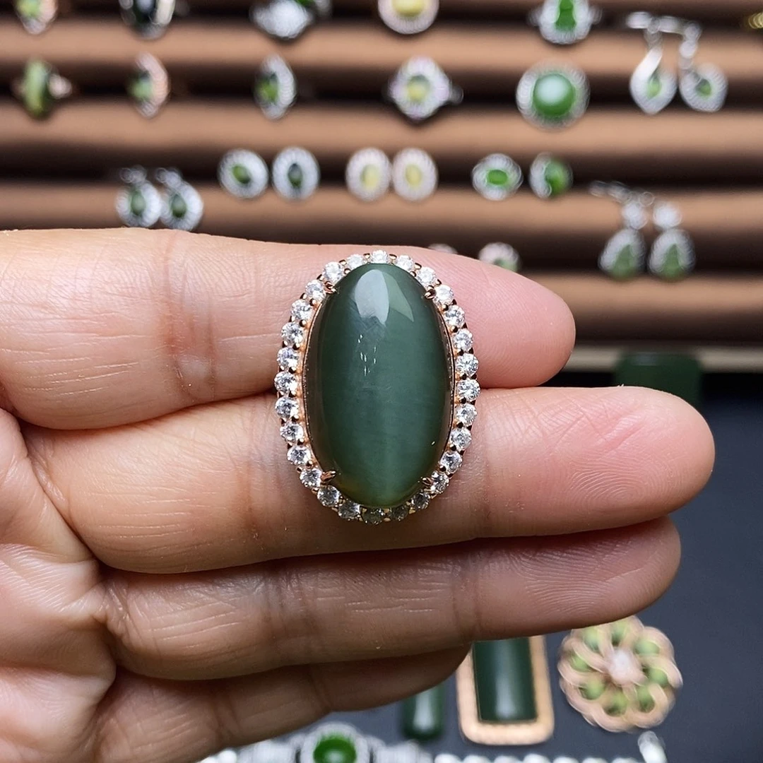 吊坠(不含链)银S925镶嵌和田玉（碧玉）戒指