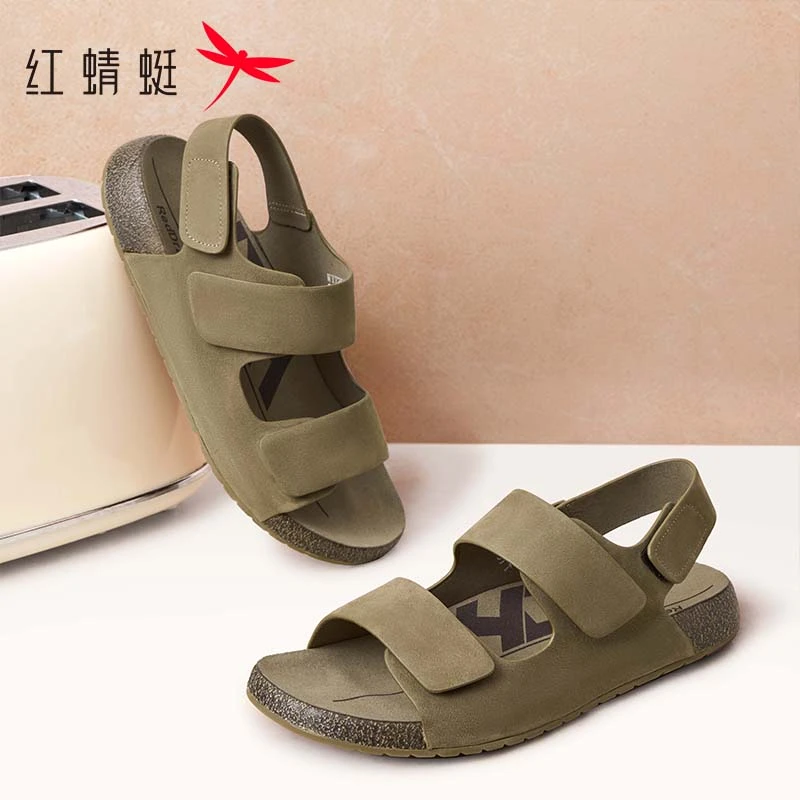 红蜻蜓休闲凉鞋2025夏季新款男鞋厚底魔术贴勃肯鞋外穿吐司拖鞋男