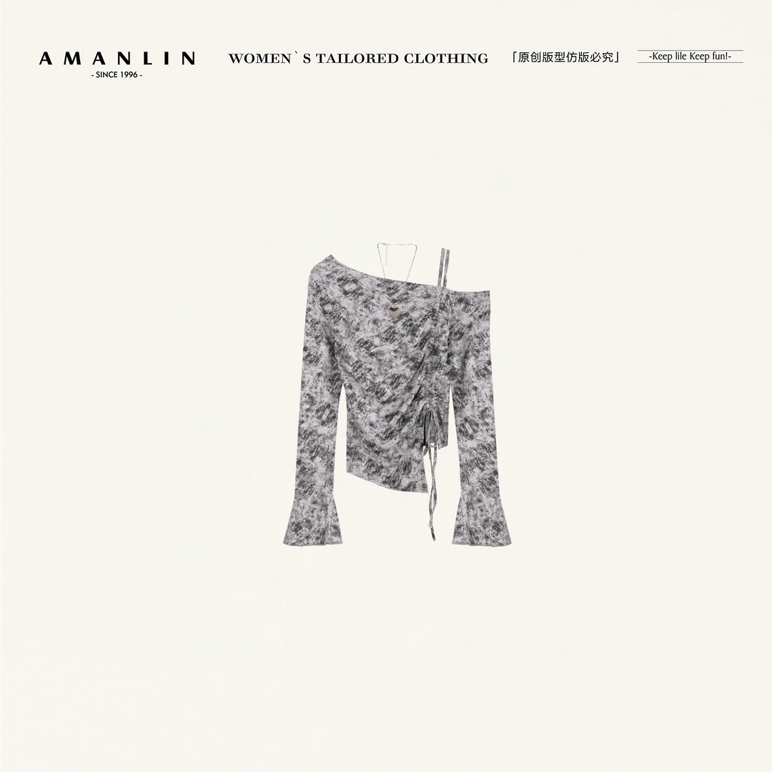 AMANLIN/阿谩琳琥珀流光露肩设计斜领长袖时尚修身T恤D601506