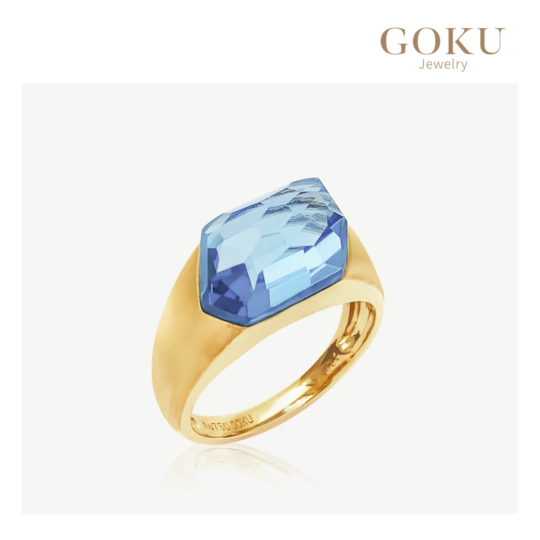 GOKU18K金戒指女横版托帕石随形切割面女戒拉丝蓝色时尚男女对戒