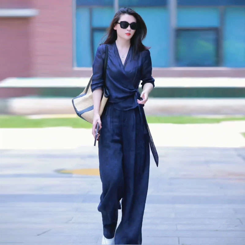 高级感休闲显瘦时尚套装女2025夏季新款薄款亚麻透气阔腿裤两件套