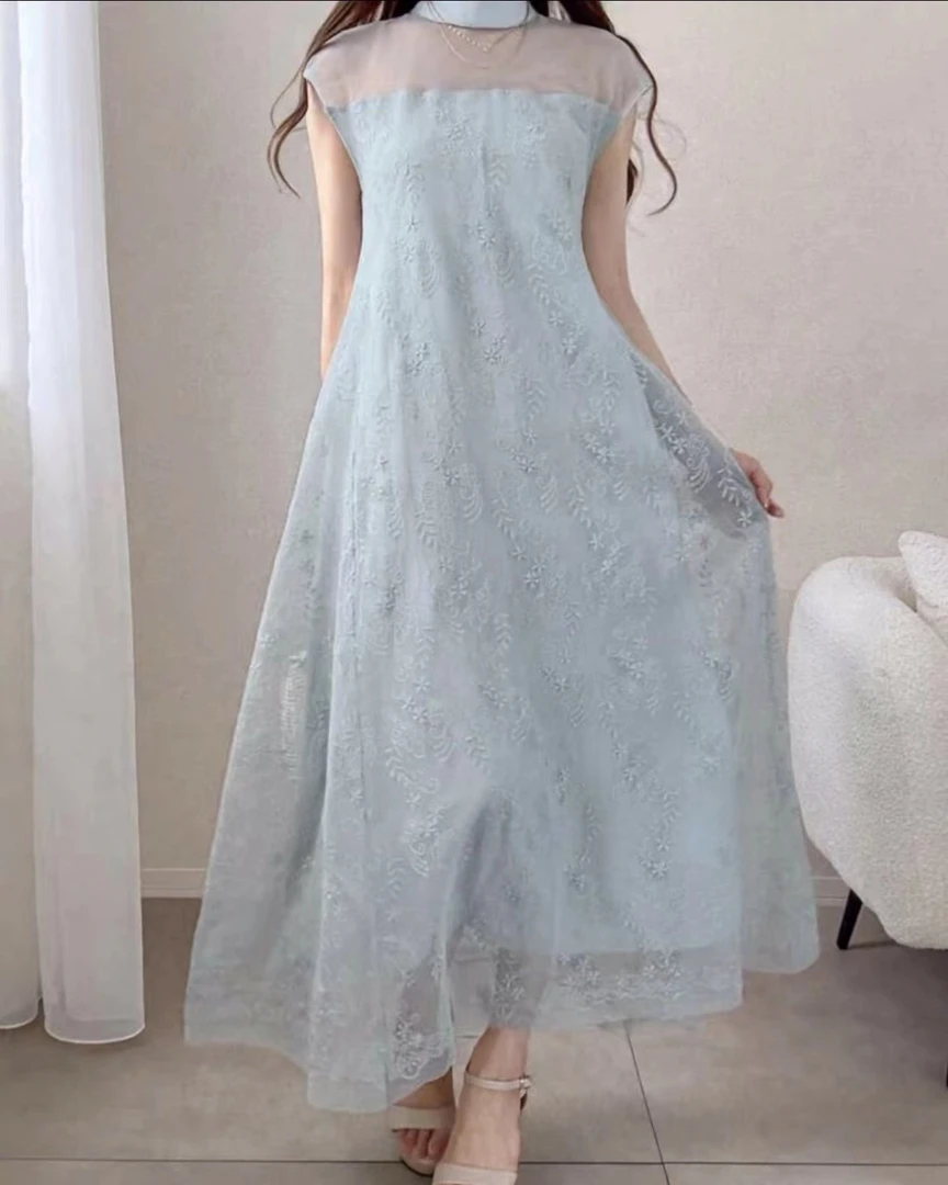 C1136新中式网纱缎面连衣裙女夏季新款绝美气质收腰长裙