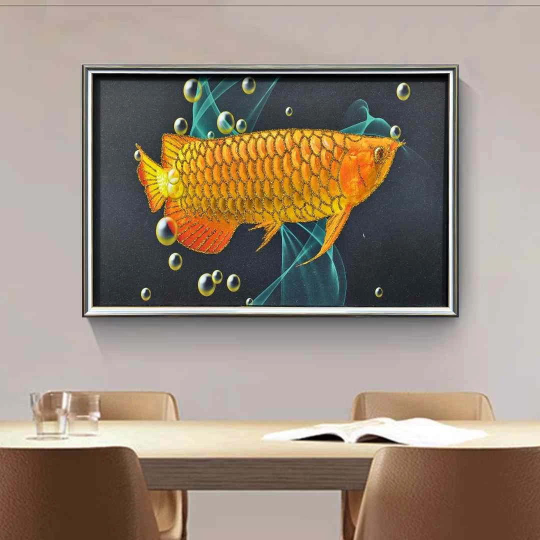 D86【招财金龙鱼】餐厅玻璃画装饰画现代简约高档立体镶嵌画易打理