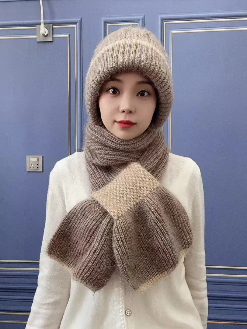新款帽子围巾一体加绒加厚女冬季毛线编织风雪帽松鼠绒保暖网红帽