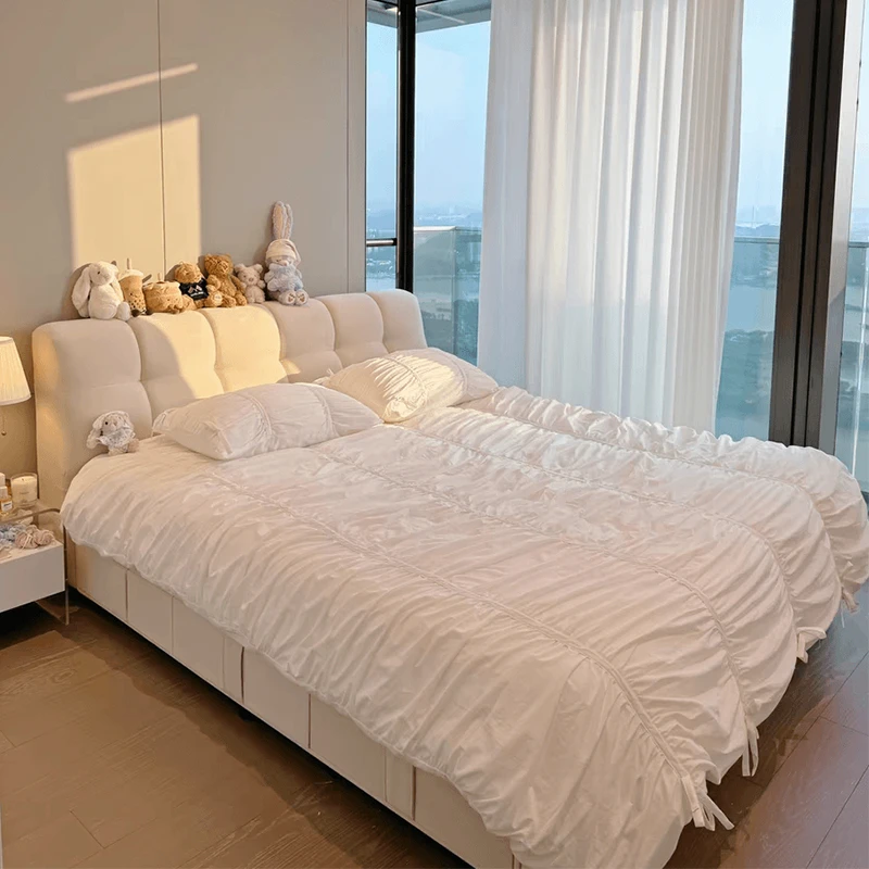 奶油风泡芙床主卧绒布现代简约气压储物床轻奢卧室大床网红布艺