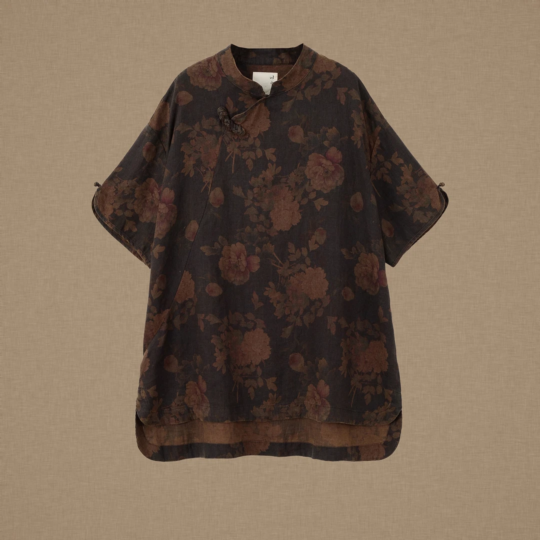 【以之】设计师品牌立领琵琶扣宽松大版亚麻斜襟上衣百搭复古小衫女