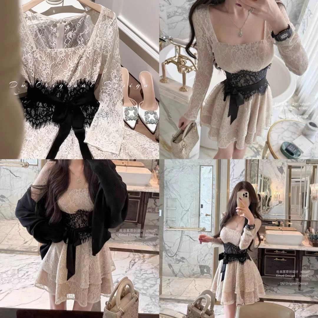 初恋古早风甜美法式温柔纯欲蕾丝连衣裙女