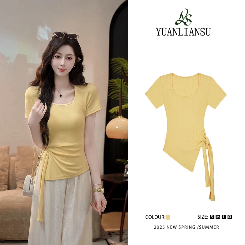 YUANLIANSU/圆脸酥【落日剪影】夏季设计感修身显瘦不规则短袖T恤女